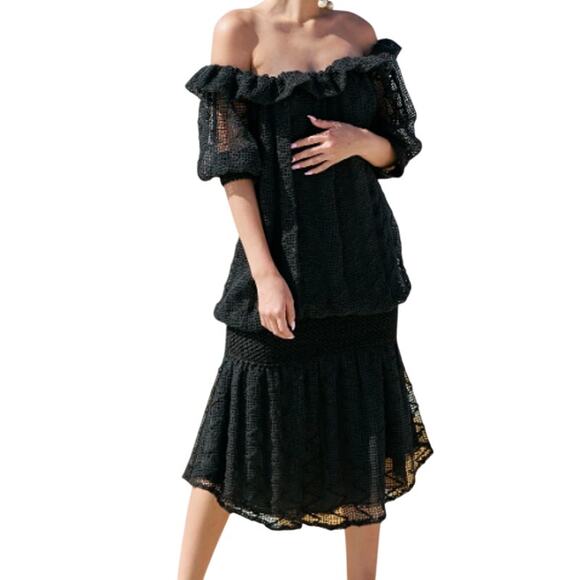 Damianou Vintage Black Crochet Knit Dress Off Shoulder Made in USA Size Large - Picture 1 of 8